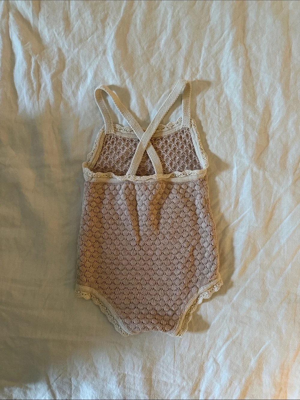 Knitted Cream Baby One-Piece with Lace Trim